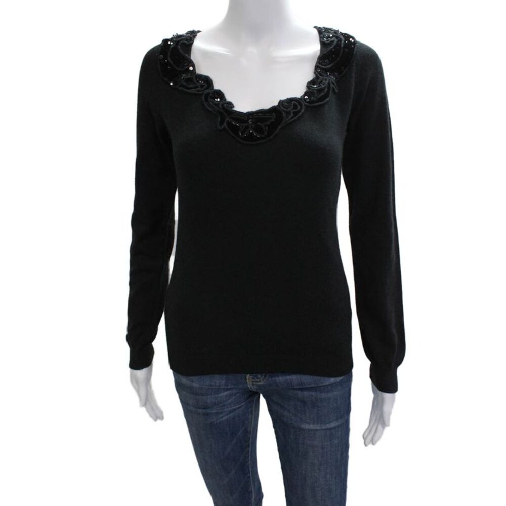 Etro Women Pullover Sweater Black Round Neck Long Sleeve Size 42
